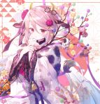  1girl animal_ears animal_print bell branch cow_ears cow_horns cow_print cow_tail cowbell flower frills hair_flower hair_ornament highres horns ibara_riato japanese_clothes kimono looking_at_viewer obi original pink_hair red_eyes ribbon sash solo tail upper_body 