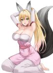  1girl absurdres animal_ears blonde_hair breasts cleavage commission dress green_eyes highres large_breasts lillly long_hair looking_at_viewer open_mouth original ponytail ribbon simple_background sitting solo tail tying_hair white_background 
