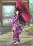  1girl absurdres animal_ear_fluff animal_ears bangs blush brown_footwear brown_hair cat_ears closed_mouth commentary_request day eyebrows_visible_through_hair floral_print furisode highres holding holding_umbrella iroha_(iroha_matsurika) japanese_clothes kimono long_hair long_sleeves looking_at_viewer looking_back mutsuki_(iroha_(iroha_matsurika)) obi oil-paper_umbrella original outdoors print_kimono purple_eyes red_umbrella sash smile socks solo tabi umbrella very_long_hair white_legwear wide_sleeves yagasuri zouri 