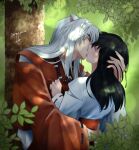  1boy 1girl absurdres animal_ears black_hair closed_eyes couple eyebrows_visible_through_hair forest fox_ears french_kiss hair_between_eyes hetero highres higurashi_kagome inuyasha inuyasha_(character) japanese_clothes jewelry kimono kiss long_hair long_sleeves nature necklace red_kimono silver_hair straight_hair tknw_hkr twitter_username upper_body white_kimono 