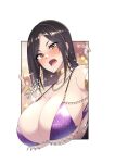  1girl armlet bangs bare_shoulders bikini black_hair blush breasts cleavage collarbone earrings green_eyes highres idolmaster idolmaster_cinderella_girls jewelry large_breasts long_hair looking_at_viewer mukai_takumi neck_ring necklace open_mouth parted_bangs purple_bikini sian solo sparkle swimsuit 