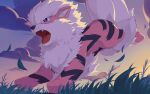  absurdres arcanine cloud commentary_request fangs from_below grass highres ino_(juju51228) leaves_in_wind no_humans open_mouth outdoors pokemon pokemon_(creature) running sky solo tongue twilight 