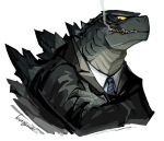  2018 ambiguous_gender black_clothing black_suit black_topwear blue_jewelry blue_necklace blue_necktie cigarette cigarette_in_mouth cigarette_smoke claws clothing crossed_arms godzilla godzilla_(2014) godzilla_(series) grey_body grey_scales grey_skin jewelry kaiju koroguchi looking_aside looking_down monster necklace necktie pattern_necktie pupils reptile scales scalie semi-anthro sharp_claws sharp_teeth signature simple_background small_pupils smoke smoking smoking_cigarette solo spinal_plates striped_necktie suit teeth toho topwear white_background yellow_sclera 