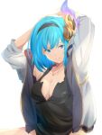  1girl arms_up bangs black_hairband black_shirt blue_eyes blue_hair breasts cleavage closed_mouth collarbone djeeta_(granblue_fantasy) granblue_fantasy grey_jacket guider_to_the_eternal_edge hair_intakes hairband highres jacket long_hair long_sleeves medium_breasts open_clothes open_jacket pochi-a shirt simple_background sleeveless sleeveless_shirt smile solo upper_body white_background 