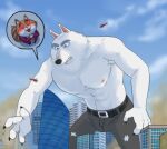  ailurid anthro canid canine canis clothing illumination_entertainment jerry_(sing) jimmy_crystal looming low-angle_view macro male male/male mammal micro red_panda shirtless shirtless_male sing_(movie) size_difference torn_clothing wolf 