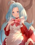  1girl ahoge apron blue_eyes blue_hair bow bowtie choker closed_mouth clothing_cutout granblue_fantasy hair_intakes heart highres long_hair long_skirt long_sleeves looking_down lyria_(granblue_fantasy) pochi-a red_bow red_bowtie red_choker red_skirt red_sleeves shoulder_cutout skirt skirt_hold smile solo standing twintails very_long_hair white_apron 