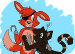  &lt;3 2014 accessory anthro bell biped black_body black_ears black_fur black_nose blue_background brown_inner_ear canid canine cheek_tuft duo embrace eye_patch eyewear facial_tuft felid feline five_nights_at_freddy&#039;s fox foxy_(fnaf) fur furgonomics gaokun grey_eyes hand_on_back hook hug looking_at_another male mammal multicolored_body multicolored_fur orange_body orange_ears orange_fur orange_inner_ear scottgames simple_background smile tail_accessory tail_bell tuft two_tone_body two_tone_fur video_games watermark whiskers 