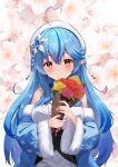  1girl absurdres ahoge bangs blue_coat blue_hair blue_nails blush bouquet braid breasts brown_eyes closed_mouth coat commentary corset dress elf eyebrows_visible_through_hair floral_background flower fur_trim hair_between_eyes hair_flower hair_ornament hat heart_ahoge highres holding holding_bouquet hololive large_breasts looking_at_viewer multicolored_hair nail_polish off_shoulder pointy_ears print_coat red_flower smile snowflake_print solo streaked_hair suiran_(liquiddoes) virtual_youtuber white_dress white_flower white_headwear yellow_flower yukihana_lamy 