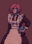  1girl alternate_breast_size alternate_costume apron breasts cleavage danboii dark-skinned_female dark_skin enmaided giovanna_(guilty_gear) green_eyes guilty_gear guilty_gear_strive hand_on_hip highres looking_at_viewer maid maid_apron red_hair short_hair small_breasts solo unbuttoned unbuttoned_shirt 