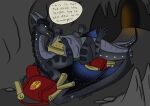  abdominal_bulge absurd_res backpack belly cave dialogue dragon feral hi_res looking_at_viewer male nightwing_(wof) reading rumbling_stomach scroll solo starflight_(wof) vore wings_of_fire xenopony456 