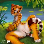  2022 anthro breasts detailed_background dragonfu dreamworks felid female genitals kung_fu_panda lily_pad mammal master_tigress nipples pantherine plant pussy solo stripes tiger whiskers 