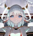  1girl animal_ears blue_eyes brown_horns chinese_zodiac cow_ears cow_horns cropped eyebrows_visible_through_hair eyes_visible_through_hair grey_hair horns long_hair original parted_lips ryes_8 smile solo upper_body year_of_the_ox 
