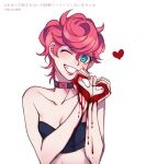  1girl aqua_eyes blood blood_on_face blood_on_hands breasts cleavage curly_hair green_eyes grin heart heart_hands jojo_no_kimyou_na_bouken lilpstick midriff one_eye_closed pink_hair sempon_(doppio_note) short_hair smile solo trish_una vento_aureo 