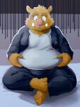  2022 anthro belly bottomwear brown_body brown_fur clothing fur humanoid_hands kemono male mammal n_gata21 overweight overweight_male pants shirt sitting solo suid suina sus_(pig) topwear wild_boar 