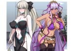  2girls bangs bare_shoulders bb_(fate) bb_(swimsuit_mooncancer)_(fate) bead_bracelet beads belt bikini black_bow black_garter_belt black_gloves black_legwear black_shorts blue_eyes blush bow bracelet braid breasts cleavage collarbone covered_nipples dark-skinned_female dark_skin fate/grand_order fate_(series) fingerless_gloves french_braid gloves grey_hair hair_bow hair_ornament hair_ribbon hairband highres huge_breasts jewelry large_breasts long_hair looking_at_viewer loose_belt micro_shorts morgan_le_fay_(fate) multiple_girls muta_poo navel neck_ribbon open_mouth ponytail purple_bikini purple_eyes purple_hair ribbon shorts sidelocks smile star_(symbol) star_hair_ornament stomach studded_garter_belt swimsuit tan thighhighs thighs very_long_hair white_belt 