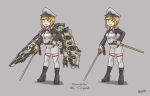  1girl artist_name black_footwear blonde_hair boots breasts character_name conquest_(starsector) de.calvin full_body gradient hat holding holding_weapon long_sleeves looking_at_viewer military military_hat military_uniform multiple_views open_mouth peaked_cap personification smile standing starsector sword thighhighs uniform weapon white_legwear yellow_eyes 