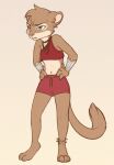  anthro bottomwear brown_body brown_fur clothed clothing crop_top felid fully_clothed fur green_eyes hands_on_hips hi_res mammal midriff navel shirt shorts solo standing topwear yshanii 