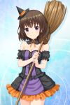 1girl absurdres alternative_girls asahina_nono black_dress blue_background breasts broom brown_hair cleavage closed_mouth dress eyebrows_visible_through_hair hat highres holding holding_broom looking_at_viewer medium_hair official_art purple_dress purple_eyes smile solo witch_hat 