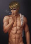  1boy abs bangs bara blonde_hair cigarette closed_eyes durarara!! eyes_visible_through_eyewear heiwajima_shizuo holding holding_cigarette large_pectorals male_focus muscular muscular_male navel nipples nude pectorals penguin_frontier short_hair smoke smoking solo sunglasses towel towel_on_one_shoulder 