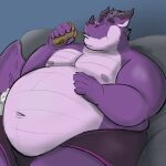  2022 anthro belly big_belly burger clothing dippubear dragon eating eyes_closed food hi_res male moobs navel nipples obese obese_male overweight overweight_male purple_body sitting solo underwear 