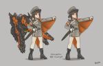  2girls artist_name boots brown_eyes brown_hair cape de.calvin full_body gradient grey_background hat long_sleeves military military_hat military_uniform multiple_girls onslaught_(starsector) peaked_cap personification sheath sheathed short_hair standing starsector sword uniform weapon 