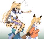  3girls animal_ears blonde_hair blush bow bowtie brown_hair carrying cheetah_(kemono_friends) cheetah_ears cheetah_girl cheetah_print cheetah_tail collared_shirt commentary_request elbow_gloves extra_ears eyebrows_visible_through_hair ezo_red_fox_(kemono_friends) fang fox_ears fox_girl fox_tail gloves green_jacket highres holding_another&#039;s_wrist jacket karekusa_meronu kemono_friends long_hair looking_at_another multicolored_hair multiple_girls nana_(kemono_friends) necktie open_mouth orange_eyes orange_jacket piggyback pink_hair pleated_skirt pointing print_gloves print_legwear print_necktie print_skirt shirt short_hair short_sleeves side_ponytail sidelocks skirt tail thighhighs white_bow white_bowtie white_shirt white_skirt yellow_eyes zettai_ryouiki 