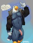  2022 abs accipitrid accipitriform animal_crossing anthro apollo_(animal_crossing) avian bald_eagle balls beak big_muscles big_penis bird blue_background border bottomless character_name clothed clothing dialogue eagle english_text feathers flaccid foreskin genitals grey_border hi_res humanoid_genitalia humanoid_penis jacket leather leather_clothing leather_jacket leather_topwear looking_at_viewer male muscular muscular_anthro muscular_male navel nintendo nipples non-mammal_balls non-mammal_nipples open_clothing open_jacket open_mouth open_smile open_topwear pecs penis sea_eagle signature simple_background smile solo sweatysabel talking_to_viewer text tongue topwear tuft video_games walking 