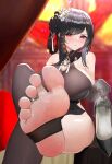  1girl absurdres azur_lane black_gloves black_hair black_legwear blush bodystocking breasts china_dress chinese_clothes dress elbow_gloves feet feet_up flower foot_focus gloves hair_flower hair_ornament high_heels highres holding holding_shoes jewelry large_breasts no_shoes official_alternate_costume red_eyes shoes shoes_removed sitting smell soles steam stirrup_legwear thighhighs toe_ring toeless_legwear toes ursica zhenhai_(azur_lane) zhenhai_(vestibule_of_wonders)_(azur_lane) 
