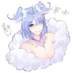  +_+ 1girl altaria bangs blue_eyes breasts cleavage elira_pendora english_commentary eyebrows_visible_through_hair from_above fur_trim head_wings heterochromia highres jewelry key looking_to_the_side lun_ah medium_breasts mole necklace nijisanji nijisanji_en pokemon purple_eyes short_hair smile solo swablu tiara virtual_youtuber white_background 