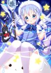  1girl :o anko_(gochiusa) blue_bow blue_bowtie blue_eyes blue_vest blush bow bowtie character_hat eyebrows_visible_through_hair gloves gochuumon_wa_usagi_desu_ka? hair_ornament hairclip highres kafuu_chino light_blue_hair long_hair magical_girl oversized_object pantyhose puffy_short_sleeves puffy_sleeves shirt short_sleeves silver_hair sitting solo surprised twintails vest white_gloves white_headwear white_legwear white_shirt wild_geese x_hair_ornament yoboshi 