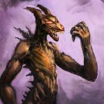  1:1 2014 5_fingers alien ambiguous_gender anthro bittertooth dragon evil_grin fingers glowing glowing_eyes horn monster open_mouth orange_body orange_scales red_eyes scales simple_background smile solo spikes 