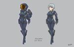  1girl armor artist_name black_bodysuit bodysuit breasts de.calvin doom_(starsector) full_body gloves gradient grey_background holding joints looking_at_viewer personification purple_eyes robot_joints short_hair signature silver_hair standing starsector weapon 