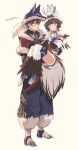  1boy 1girl alternate_costume animal_costume bird black_hair blue_eyes blush carrying couple fururu_(tales) hair_ornament hat hetero highres law_(tales) multicolored_hair official_alternate_costume owl princess_carry rinwell_(tales) short_hair shorts tales_of_(series) tales_of_arise two-tone_hair wolf_costume wspread yellow_eyes 