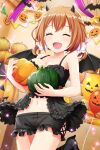  1girl absurdres alternative_girls balloon bare_arms bat black_footwear black_shorts breasts brown_hair cleavage closed_eyes demon_horns demon_wings eyebrows_visible_through_hair fake_horns fake_wings highres horns indoors momoi_hina official_art open_mouth pumpkin short_hair shorts smile solo wings 