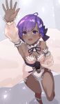  1girl absurdres arm_up armpits bangs bare_shoulders beige_dress blush breasts cleavage dark-skinned_female dark_skin detached_collar detached_sleeves fate/grand_order fate/prototype fate/prototype:_fragments_of_blue_and_silver fate_(series) hair_ornament hassan_of_serenity_(fate) highres kopaka_(karda_nui) leotard looking_at_viewer lostroom_outfit_(fate) medium_breasts microphone open_mouth purple_eyes purple_hair short_hair solo thighs white_leotard 