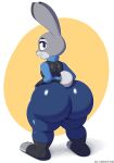  2022 absurd_res anthro big_butt buckteeth butt clothing disney female fur grey_body grey_fur hi_res huge_butt judy_hopps lagomorph leporid looking_at_viewer mammal open_mouth pink_nose police_uniform purple_eyes rabbit short_stack simple_background smile solo teeth thick_thighs ultrastax uniform zootopia 