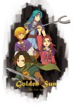  2boys 2girls alex_(golden_sun) blonde_hair blue_hair brown_eyes brown_hair closed_mouth felix_(golden_sun) gloves golden_sun jenna_(golden_sun) long_hair looking_at_viewer multiple_boys multiple_girls open_mouth sheba_(golden_sun) short_hair staff sword weapon 