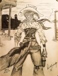  absurd_res anthro anus arts bar canid canine canis cowgirl_(disambiguation) female fluffy fluffy_tail hi_res mammal old_west portrait r reese traditional_media_(artwork) western wolf 