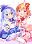  2girls :d absurdres brown_hair center_frills detached_sleeves dress eyebrows_visible_through_hair frilled_dress frills gloves gochuumon_wa_usagi_desu_ka? highres holding_hands hoto_cocoa kafuu_chino light_blue_hair looking_at_viewer mika_miche multiple_girls puffy_short_sleeves puffy_sleeves short_sleeves smile strapless strapless_dress thighhighs tilted_headwear underbust white_dress white_garter_straps white_gloves white_legwear 