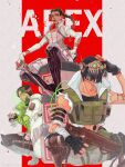  1girl 2boys apex_legends aro_(vexen) assault_rifle black_footwear black_gloves black_hair black_headwear boots braid breasts brown_eyes brown_hair cable collarbone corset cropped_vest crypto_(apex_legends) death_box_(apex_legends) energy_gun eyeshadow fingerless_gloves floating_hair gloves goggles gradient_hair green_vest grey_gloves gun havoc_energy_rifle highres holding holding_gun holding_staff holding_weapon holographic_interface jacket knee_boots loba_(apex_legends) makeup mask mechanical_legs medium_breasts mouth_mask multicolored_hair multiple_boys octane_(apex_legends) pants red_eyeshadow red_hair red_nails rifle sitting smile staff twin_braids vest weapon white_gloves white_jacket white_pants 