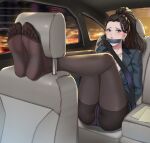  absurdres ass black_hair blush breasts car car_interior car_seat crotch_seam earrings executive_mishiro forehead gag gagged green_eyes ground_vehicle haimei1980 highres idolmaster idolmaster_cinderella_girls improvised_gag jewelry legs legs_up long_hair looking_at_viewer makeup mature_female motor_vehicle no_shoes office_lady panties pantyhose ponytail restrained seatbelt sitting soles tape tape_gag toes underwear white_panties 