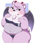  2022 anthro belly blush breasts clothing female gris_swimsuit hi_res horn humanoid_hands kemono kusosensei mammal meme meme_clothing navel one-piece_swimsuit overweight purple_body solo swimwear translucent translucent_clothing translucent_swimwear ursid wings 