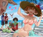  1girl blush breasts brown_eyes brown_hair circlet cleavage flik_(gensou_suikoden) gensou_suikoden gensou_suikoden_ii hat headband macrib mukumuku multiple_boys nanami_(suikoden) ocean open_mouth riou_(gensou_suikoden) short_hair smile swimsuit tir_mcdohl viktor_(gensou_suikoden) wings 