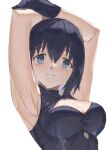  1girl armpits arms_up black_gloves black_hair blue_eyes blush breasts ciel_(tsukihime) cleavage cleavage_cutout closed_mouth clothing_cutout gloves hair_between_eyes highres presenting_armpit ryes_8 simple_background smile solo tsukihime unfinished upper_body white_background 