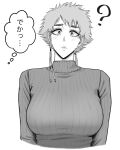  1girl ? asymmetrical_hair bleach blush braid breasts closed_mouth commentary cropped_torso ear_piercing eyelashes front_braid furrowed_brow greyscale highres hihizaru_badass kotetsu_isane large_breasts lips looking_at_viewer monochrome piercing ribbed_sweater short_hair simple_background solo spiked_hair sweater thick_eyebrows thought_bubble translated turtleneck turtleneck_sweater upper_body white_background 