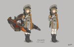  1girl artist_name black_footwear boots brown_hair closed_mouth de.calvin full_body gloves gradient green_hair grey_background hat jacket legion_(starsector) long_hair long_sleeves looking_at_viewer military_hat multiple_views peaked_cap personification standing starsector sword weapon white_gloves yellow_eyes 