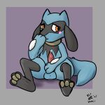  animal_genitalia animal_penis anthro balls bodily_fluids canine_penis cum cum_drip dripping embarrassed foxvomitarts genital_fluids genitals hi_res male nintendo paws penis pok&eacute;mon pok&eacute;mon_(species) precum riolu sitting solo video_games 