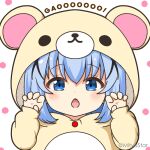  1girl animal_costume animal_ears animal_hood bangs bear_costume bear_ears bear_hood blue_eyes blue_hair blush chibi claw_pose commentary eyebrows_visible_through_hair fake_animal_ears gao gochuumon_wa_usagi_desu_ka? hair_between_eyes hair_ornament hands_up hood hood_up kafuu_chino long_hair long_sleeves looking_at_viewer mitya open_mouth polka_dot polka_dot_background puffy_long_sleeves puffy_sleeves revision simple_background sleeves_past_wrists solo twitter_username upper_body white_background x_hair_ornament 