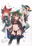  3girls :&lt; :3 :d ^_^ ahoge animal_ear_fluff animal_ears ass_visible_through_thighs bangs bare_shoulders bell bird_wings black_bow black_choker black_legwear black_wings blunt_bangs blush bow braid breasts brown_hair cape cat_cutout cat_ears choker closed_eyes clothing_cutout contrapposto cowboy_shot dress extra_ears eyebrows_visible_through_hair fake_animal_ears feathered_wings feet_out_of_frame floral_background floral_print frills green_dress green_skirt hair_bow hair_ribbon hairband_removed hands_up hat hat_bow heart heart-shaped_pupils heart_of_string highres holding holding_cape holding_clothes holding_hairband jingle_bell juliet_sleeves kaenbyou_rin komeiji_koishi leaning_forward long_hair long_sleeves meme_attire midriff multiple_girls navel own_hands_together panties pointy_ears puffy_sleeves red_eyes red_hair reiuji_utsuho ribbon shirt side-tie_panties simple_background skirt small_breasts smile symbol-shaped_pupils teeth thighhighs thighs tongue touhou toutenkou translation_request tress_ribbon twin_braids twintails underwear very_long_hair white_background white_cape wide_sleeves wings yellow_bow yellow_shirt 