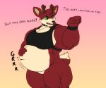  2022 6:5 angry anthro antlers belly big_belly black_nose bottomless cervid cinnamon_(vezerem) clothed clothing collar dialogue digital_drawing_(artwork) digital_media_(artwork) english_text featureless_crotch fur gradient_background green_eyes hi_res horn male mammal multicolored_body multicolored_fur muscular muscular_anthro muscular_male nonbinary_(lore) open_mouth red_body red_fur rumbling_stomach shirt simple_background tank_top text topwear vezerem 